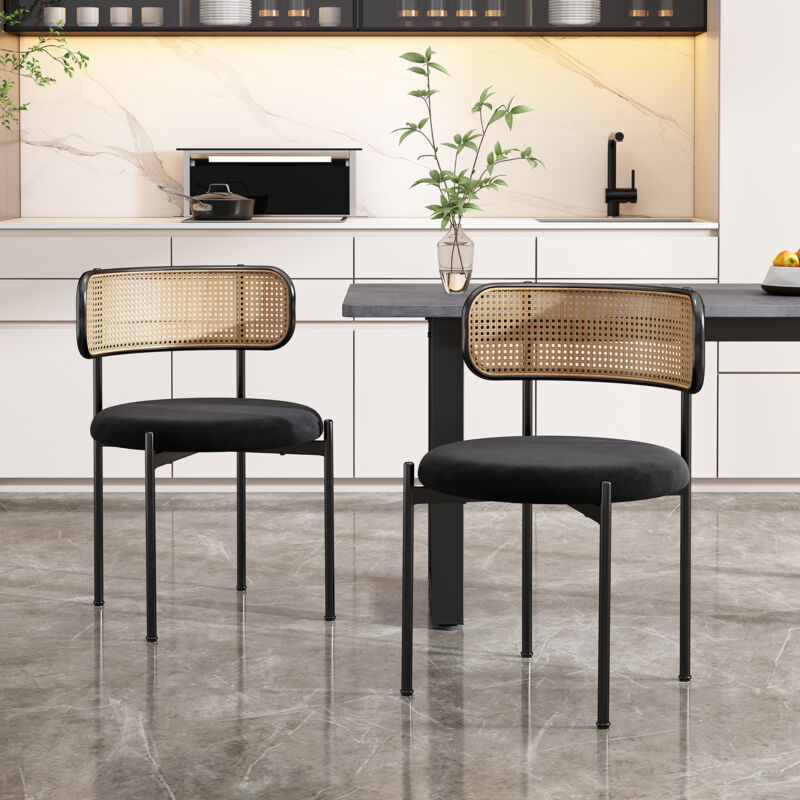foto del prodotto sedie minimaliste moderne per salotto e sala da pranzo, velluto e rattan, gambe in metallo set di 2, nero 