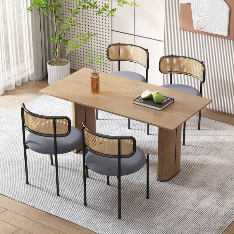 foto del prodotto sedie moderne e minimaliste per sala da pranzo, velluto e rattan, con gambe in metallo set di 2, grigie 