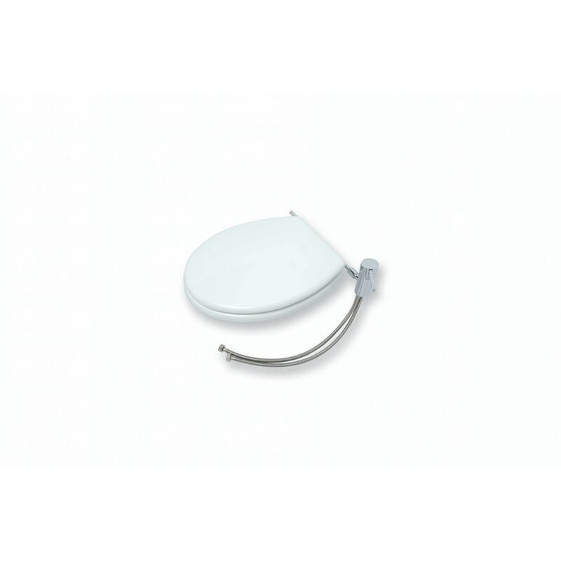 foto del prodotto sedile copri wc in legno verniciato bianco, con rubinetto monocomando ed aeratore per funzione bidet