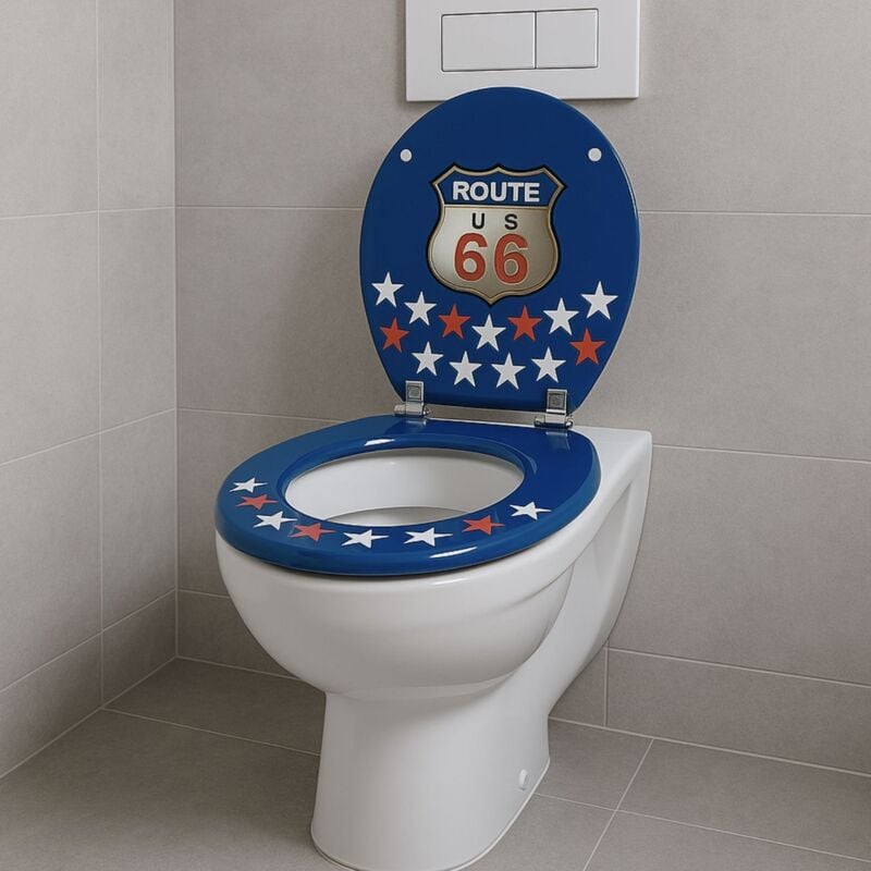 foto del prodotto sedile wc copri vater universale frizionato fantasia in mdf con chiusura rallentata fantasia route 66 confezione 1