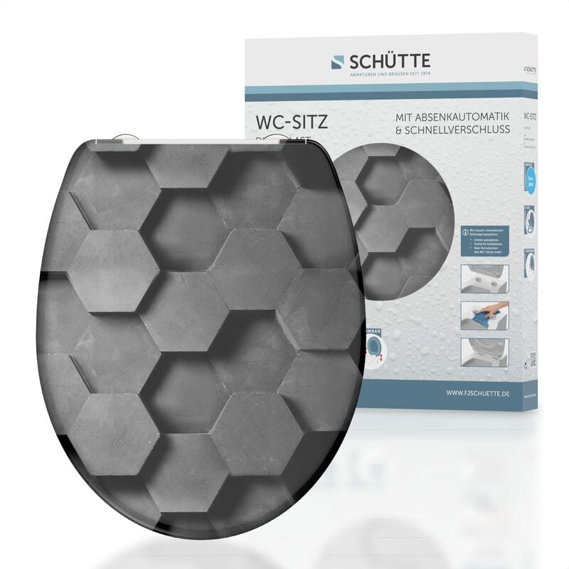 foto del prodotto sedile wc hexagons con abbassamento automatico, coperchio wc con motivo e chiusura rapida per la pulizia, coperchio wc in duroplast carico massimo