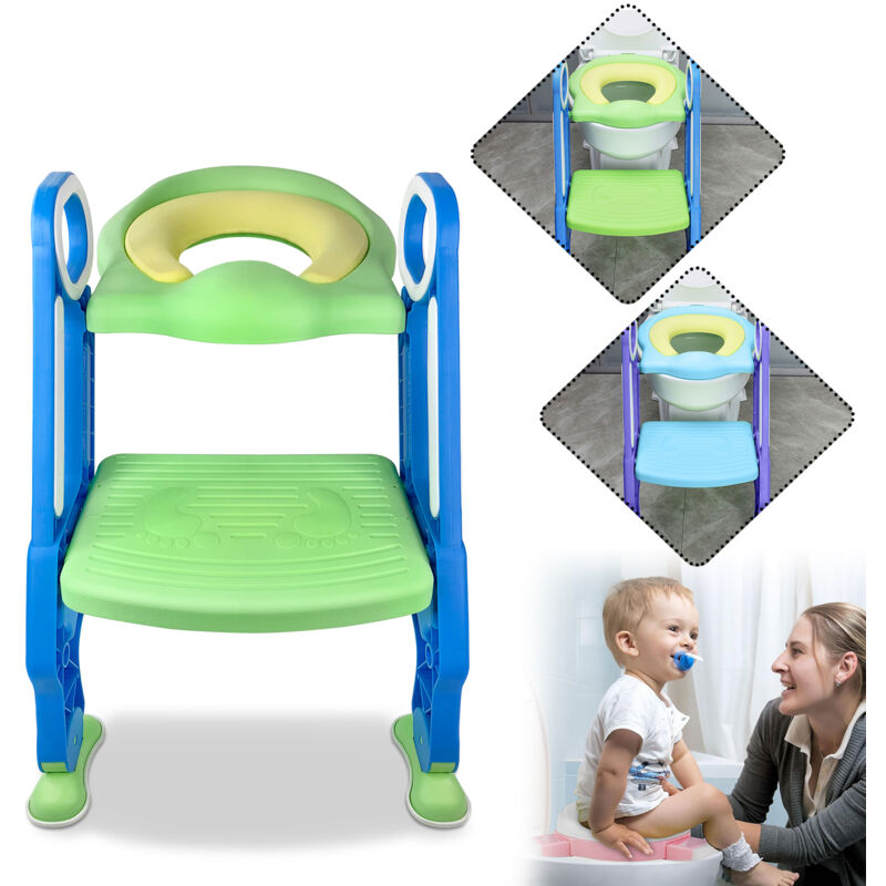 foto del prodotto sedile wc per bambini con scala regolabile, con cuscino in poliuretano, adatto per wc da 38 a 42 cm, per bambini da 1 a 7 anni, blu verde aufun
