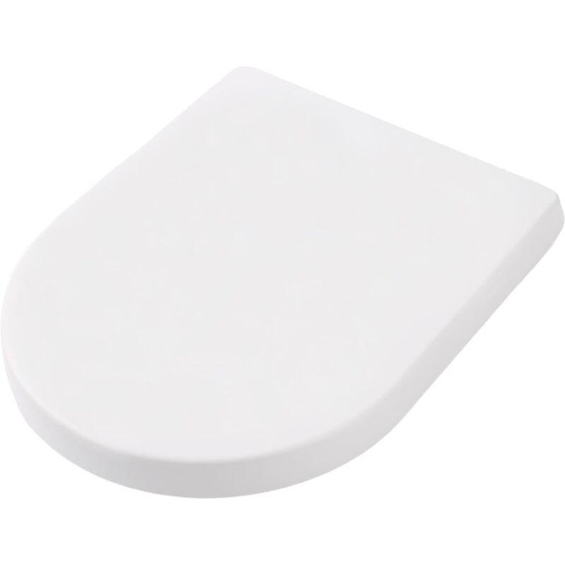 foto del prodotto sedile wc universale con chiusura ammortizzata e gancio rapido, installazione rapida in plastica antibatterica bianca, a forma di d 35,5 cm 45 cm 