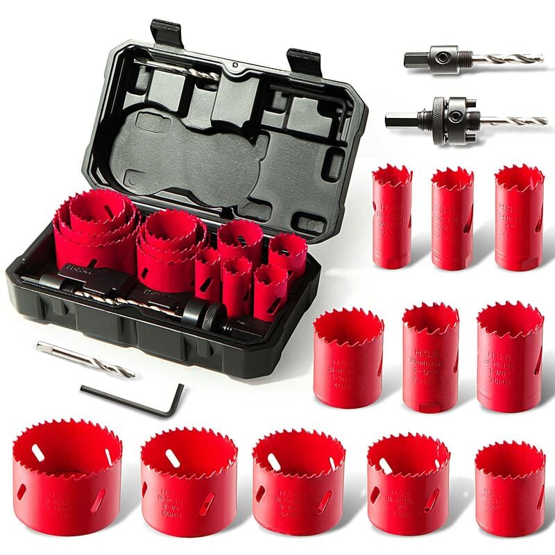 foto del prodotto sega a tazza bi metallica hychika 17 pcs seghe per trapano, con 13 x lame per sega 19mm 68mm, 3 x punte a forare, 2 x mandrini, 1 x chiave esagonale