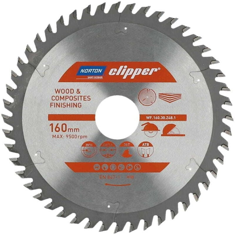 foto del prodotto sega circolare norton 160 mm x 30/16 mm x 48 z legno e compositi atb (2,6 / 1,6)