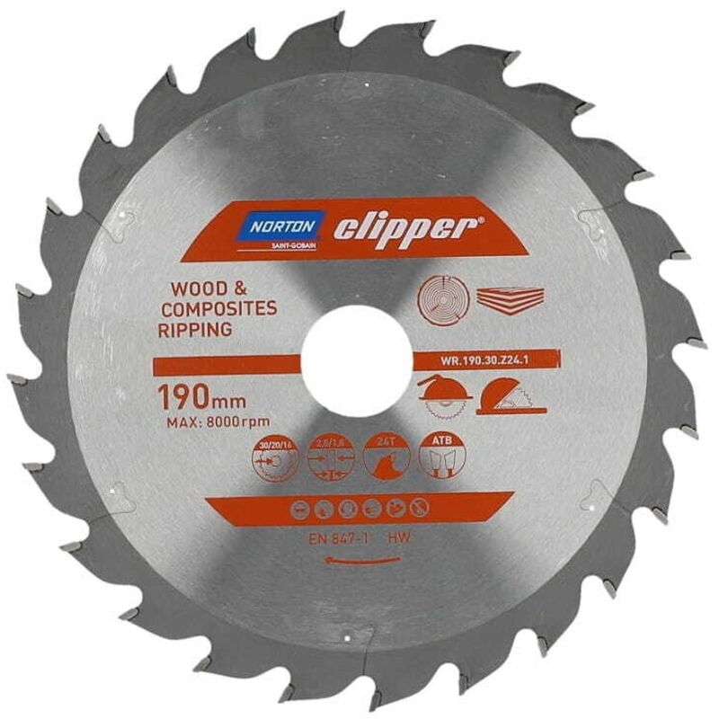 foto del prodotto sega circolare norton 190 mm x 30 mm x 24 z legno e compositi atb 2,8 1,8 