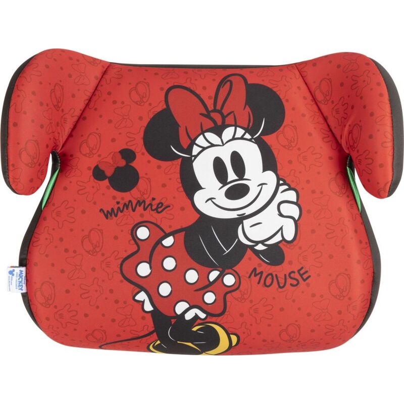 foto del prodotto seggiolino alzabimbo minnie mouse per la sicurezza delle bambine con altezza da 125 a 150 cm con grafiche di topolina su fondo rosso, alzatina auto,