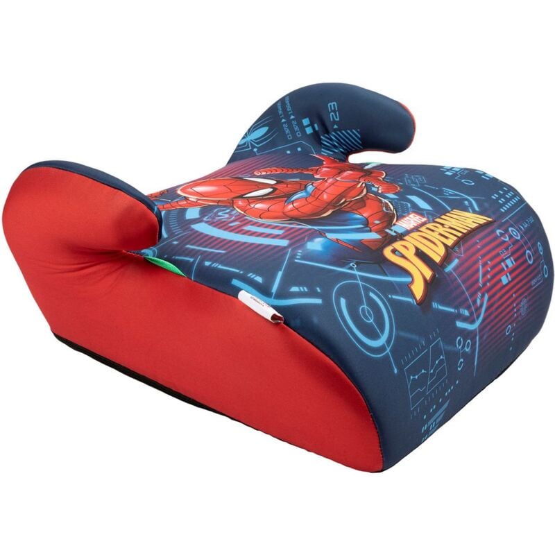 foto del prodotto seggiolino alzabimbo spiderman per la sicurezza dei bambini con altezza da 125 a 150 cm con grafiche del supereroe uomo ragno su fondo blu, alzatina