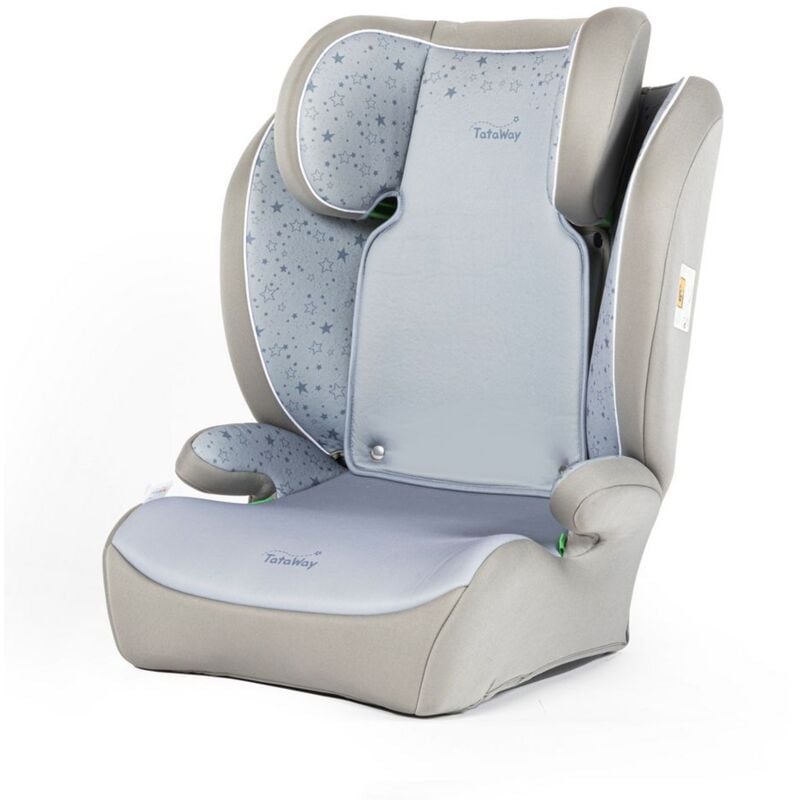 foto del prodotto seggiolino auto per la sicurezza dei bambini con altezza da 100 a 150 cm con grafiche di stelle su fondo grigio tataway