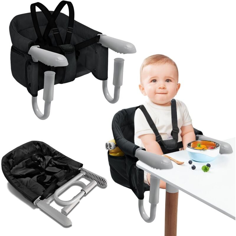 foto del prodotto seggiolino da tavolo per bambini nero rialzo seggiolone pieghevole con maniglia antiscivolo, cintura di sicurezza e borse portaoggetti seggiolone per