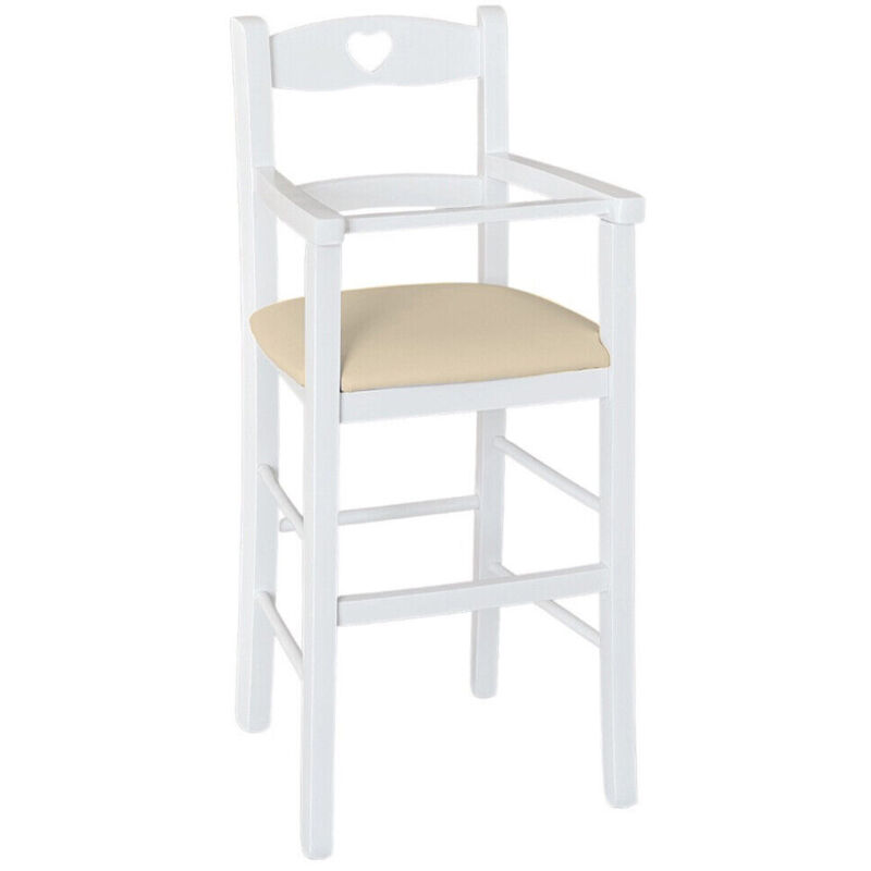 foto del prodotto seggiolone in legno bianco con seduta ecopelle beige