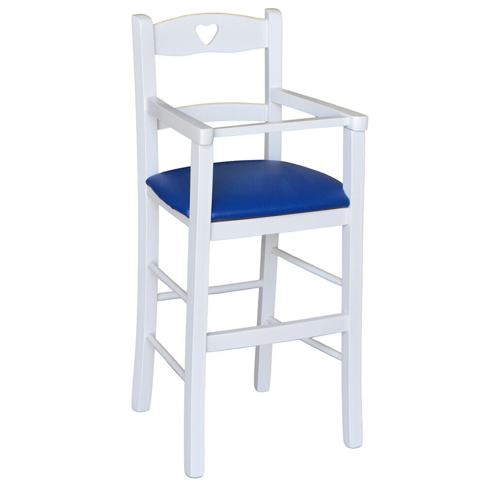foto del prodotto seggiolone in legno bianco con seduta imbottita in similpelle blu