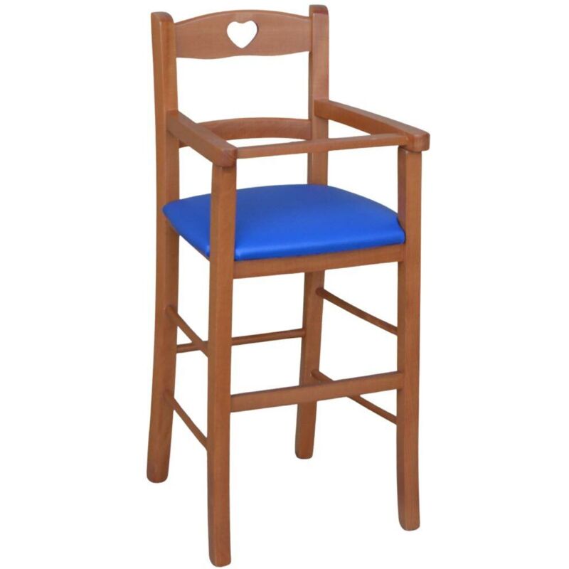 foto del prodotto seggiolone in legno ciliegio con seduta imbottita in similpelle blu