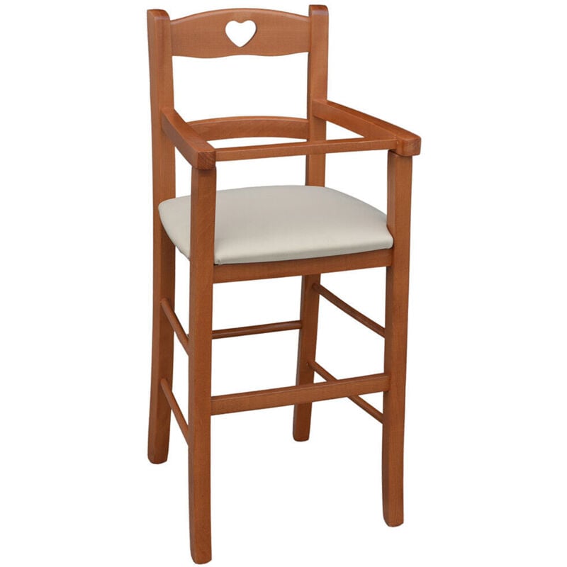 foto del prodotto seggiolone in legno color ciliegio con seduta imbottita in similpelle beige