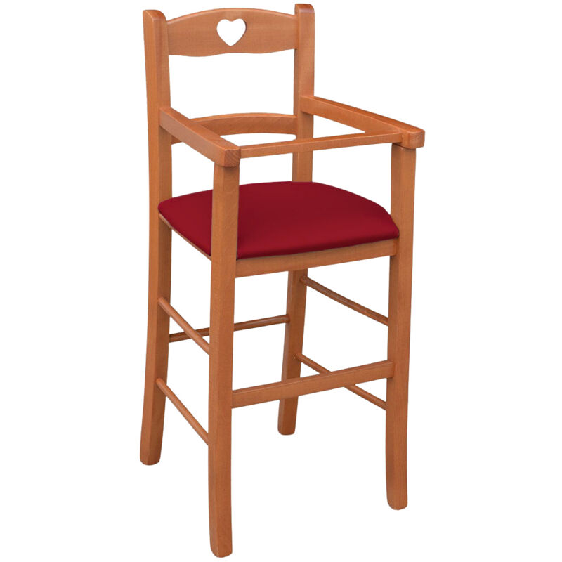 foto del prodotto seggiolone in legno color ciliegio con seduta imbottita in similpelle rosso