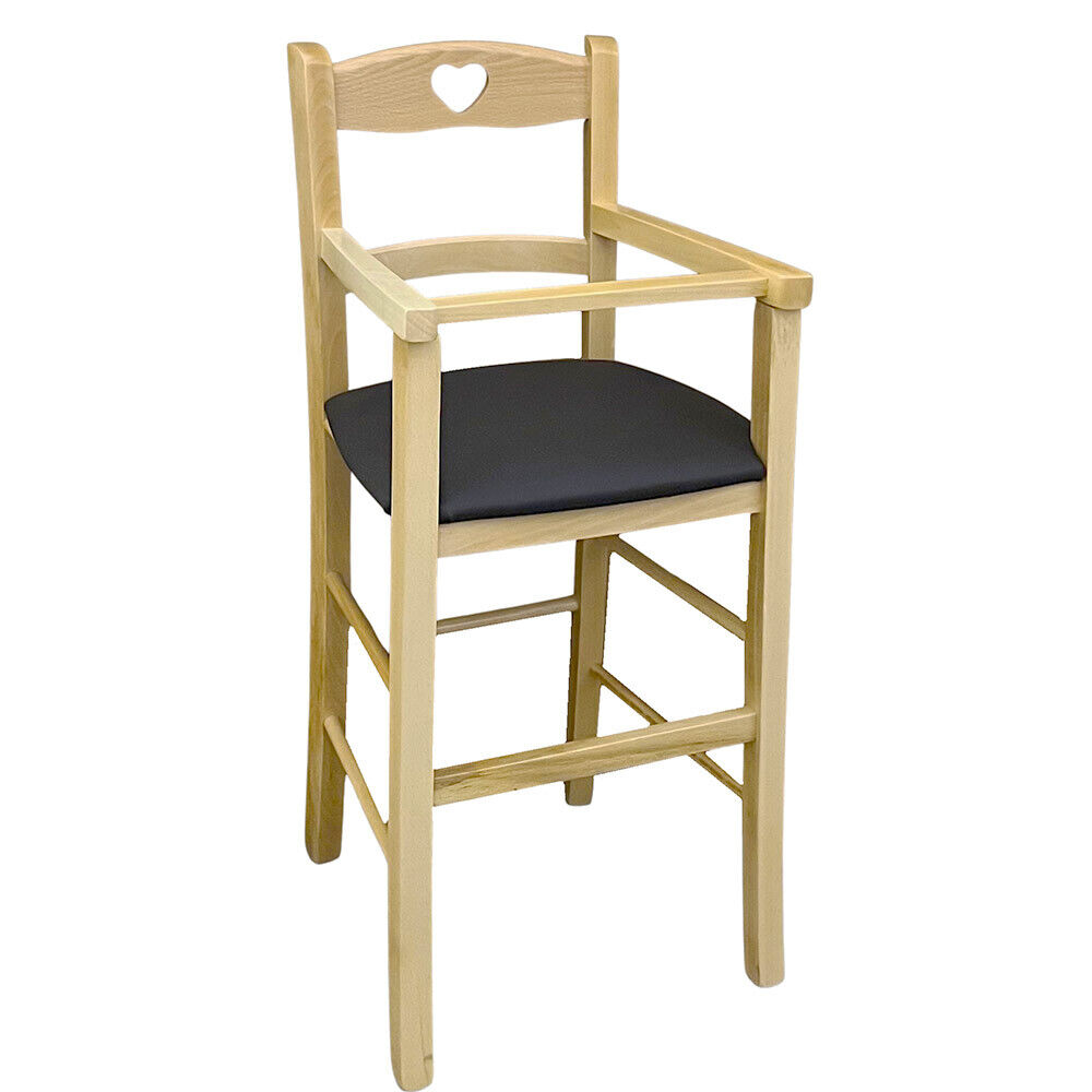 foto del prodotto seggiolone in legno color naturale con seduta imbottita in similpelle marrone