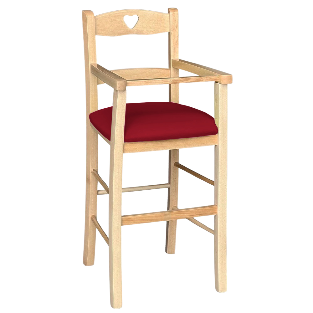 foto del prodotto seggiolone in legno color naturale con seduta imbottita in similpelle rosso