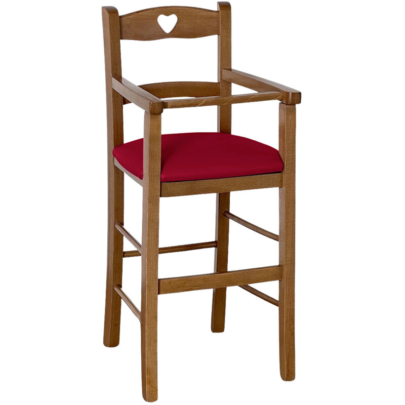 foto del prodotto seggiolone in legno color noce chiaro con seduta imbottita in similpelle rosso