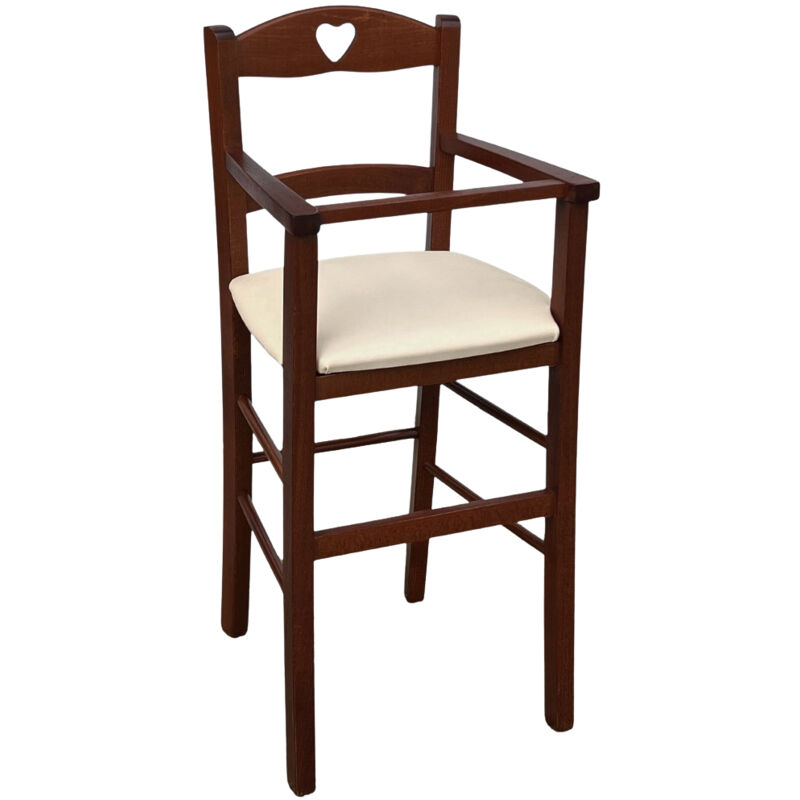 foto del prodotto seggiolone in legno color noce scuro con seduta imbottita in ecopelle beige