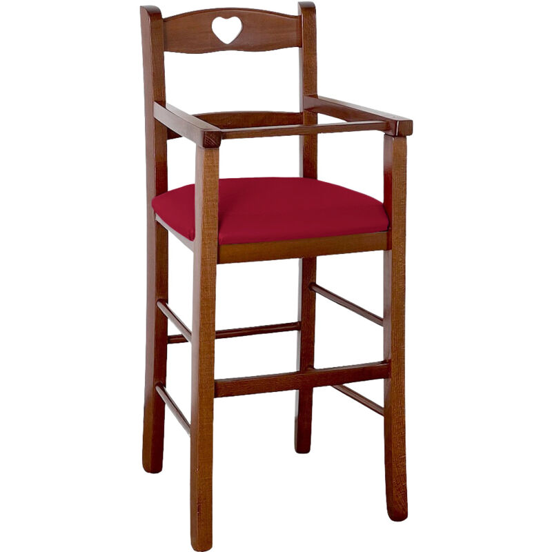 foto del prodotto seggiolone in legno color noce scuro con seduta imbottita in similpelle rosso