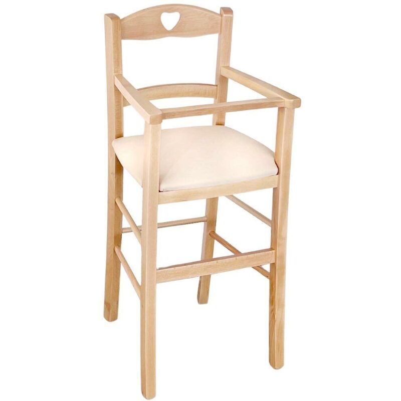 foto del prodotto seggiolone in legno di faggio naturale con seduta imbottita in similpelle beige