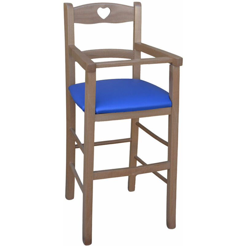 foto del prodotto seggiolone in legno noce chiaro con seduta imbottita in similpelle blu