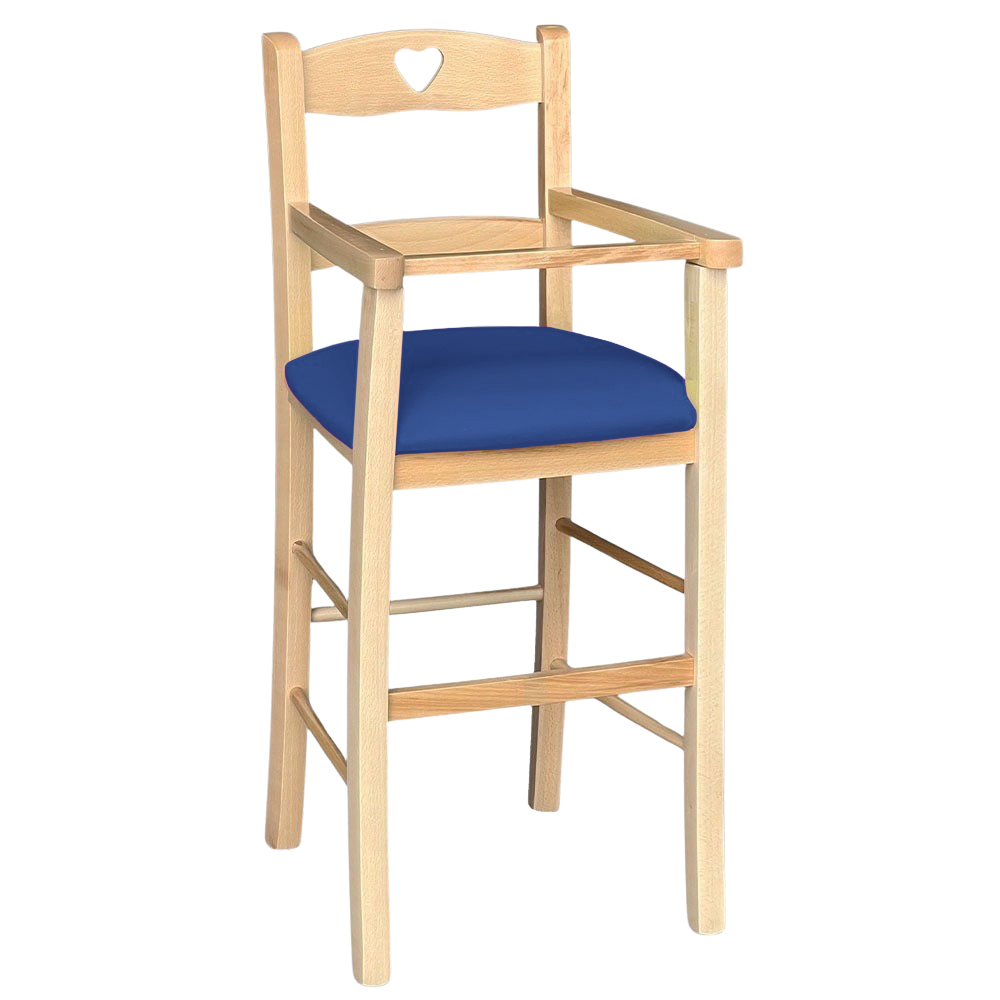 foto del prodotto seggiolone legno color naturale sediolone con seduta imbottita in similpelle blu