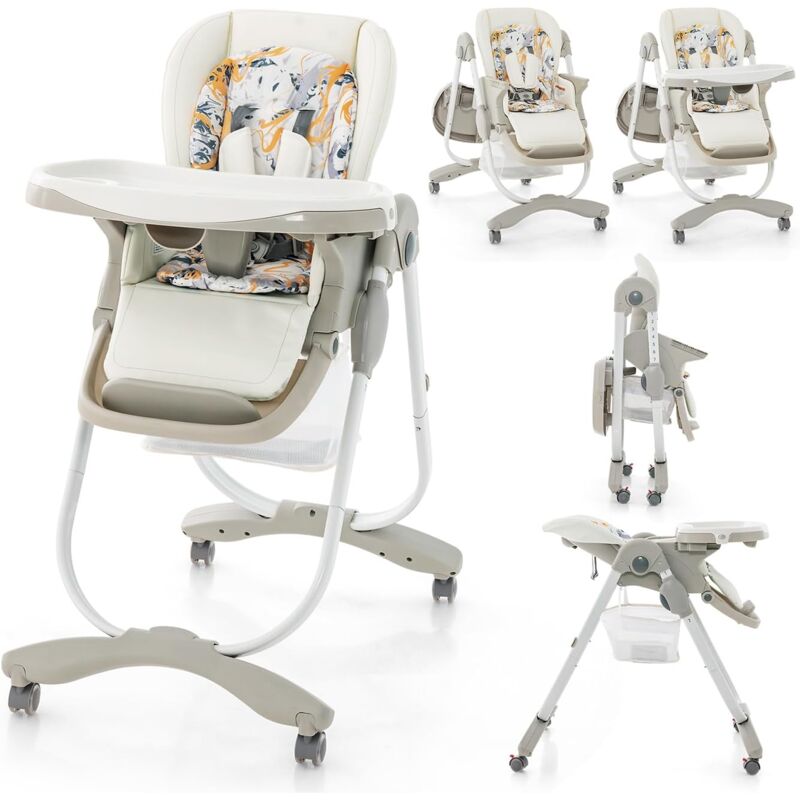 foto del prodotto seggiolone pappa per bambini e neonati, seggiolone pieghevole multifunzione con ruote, altezza regolabile, poggiapiedi e schienale, vassoio
