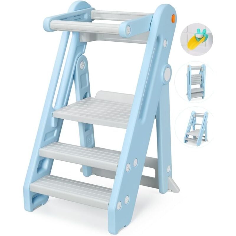 foto del prodotto seggiolone per bambini in hdpe, learning tower 18 mesi 6 anni, altezza regolabile, poggiapiedi antiscivolo, pieghevole, sicurezza blu