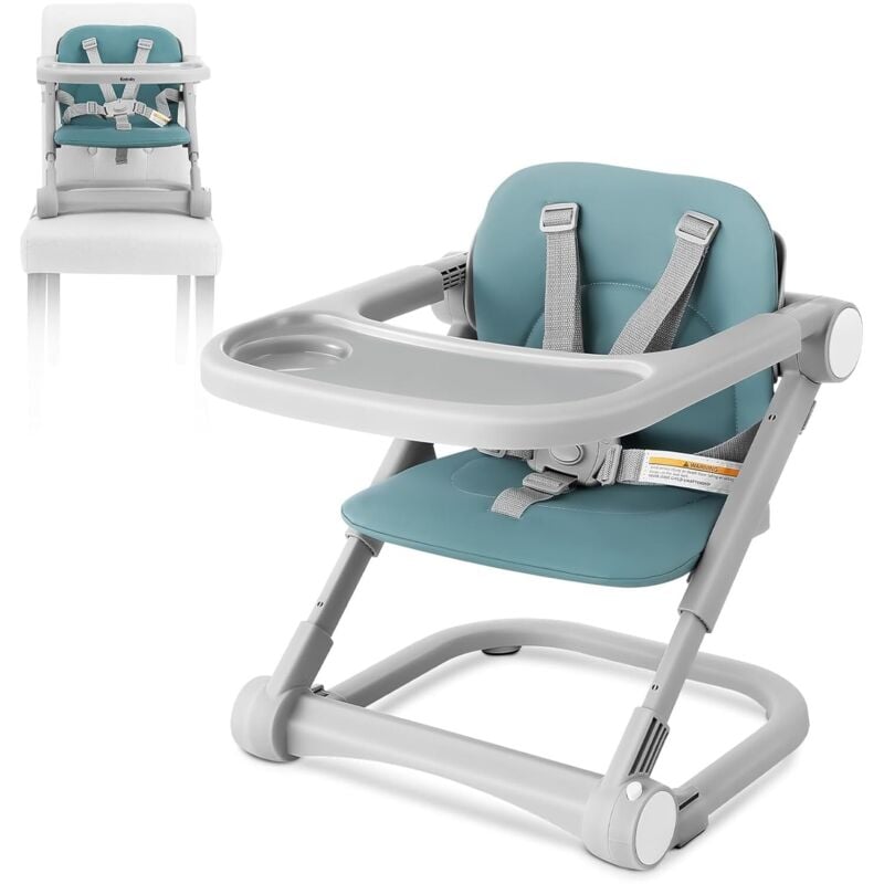 foto del prodotto seggiolone pieghevole 3 in 1 per bambini con vassoio rimovibile, cuscino del sedile in pu, cintura di sicurezza a 5 punti, verde