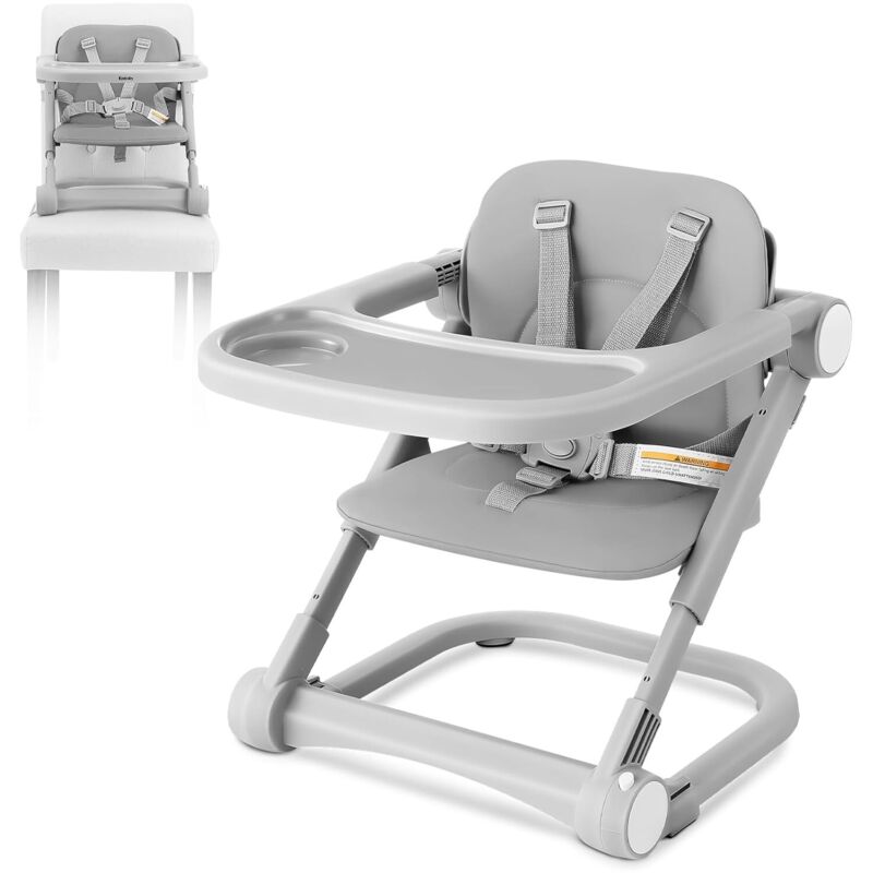 foto del prodotto seggiolone pieghevole 3 in 1 per bambini con vassoio rimovibile, cuscino di seduta in pu, cintura di sicurezza a 5 punti, grigio