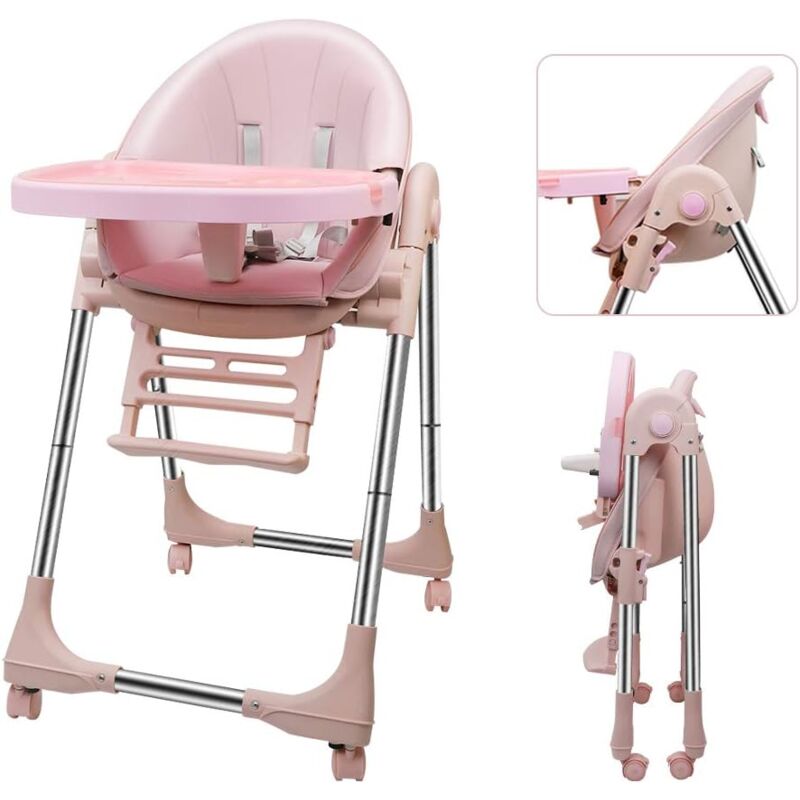 foto del prodotto seggiolone pieghevole per bambini, seggiolone regolabile per bambini, facile da pulire, con ruote, rosa