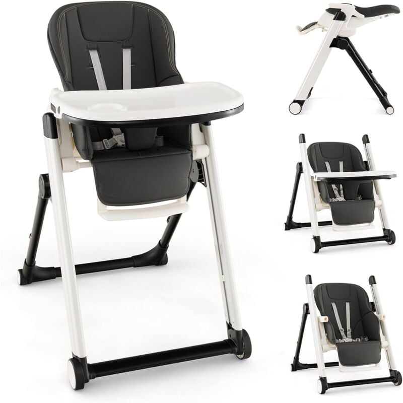 foto del prodotto seggiolone pieghevole per neonati, seggiolone pappa per bambini con schienale reclinabile, altezza regolabile, cintura di sicurezza a 5 punti, vassoi