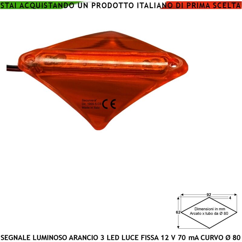 foto del prodotto segnale ingombro arancione trapezio curva 3 led alta luminosità luce fissa basetta da 3 led aliment. 12 vcc assorb. 70 ma in metacrilato ip44 per