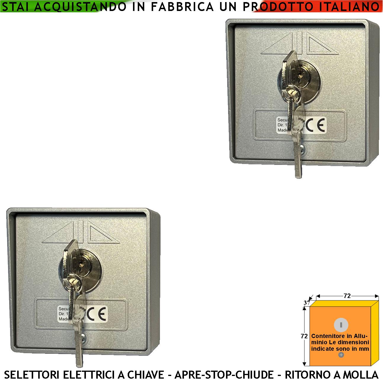 foto del prodotto selettore in alluminio ritorno a molla 2 pezzi 4 chiavi uguali 3 posizioni apre stop chiude contatti 15a isolamento 250 v apertura condominiale pedonale montaggio esterno a parete comando automatismi