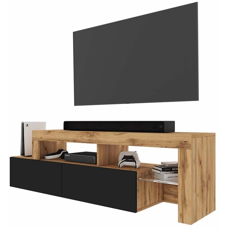 foto del prodotto selsey asten mobile tv asimmetrico 172 cm rovere wotan, pannello frontale nero, con led