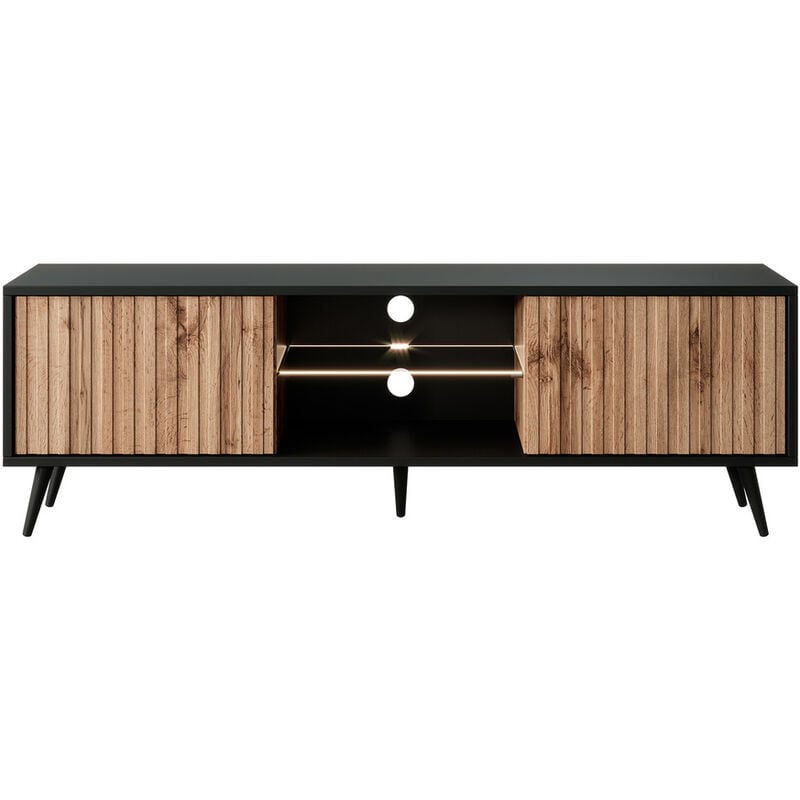 foto del prodotto selsey bello mobile tv 135 cm con frontali a doghe, led, nero rovere wotan