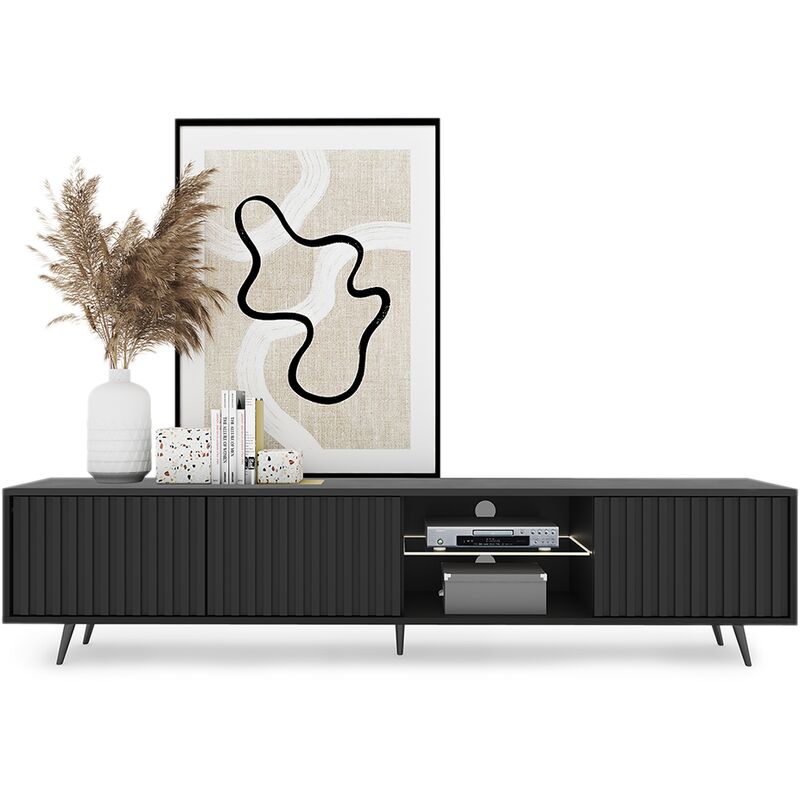 foto del prodotto selsey bello mobile tv 175 cm nero con le asse e i piedini neri con illuminazione a led