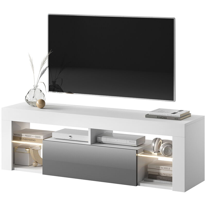 foto del prodotto selsey bianko mobile tv moderno tavolino tv porta tv elegante con ripiani in vetro 140 cm bianco opaco grigio lucido, con led 