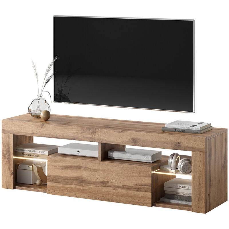foto del prodotto selsey bianko mobile tv moderno tavolino tv porta tv elegante con ripiani in vetro 140 cm quercia dorata, con led 