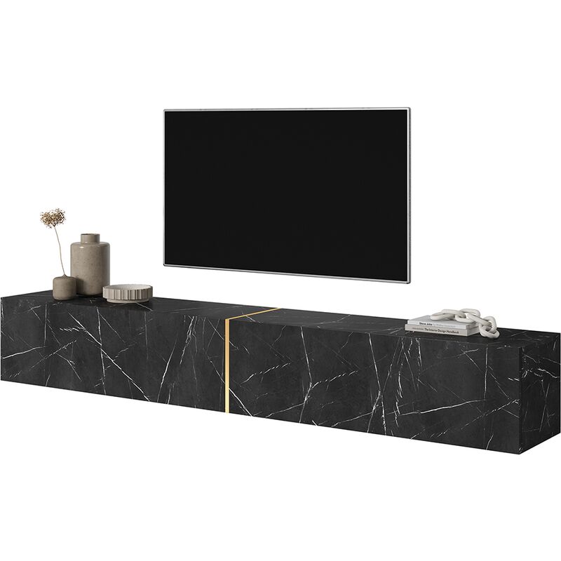 foto del prodotto selsey bisira mobile tv nero in look marmo con inserto color oro, 200 cm