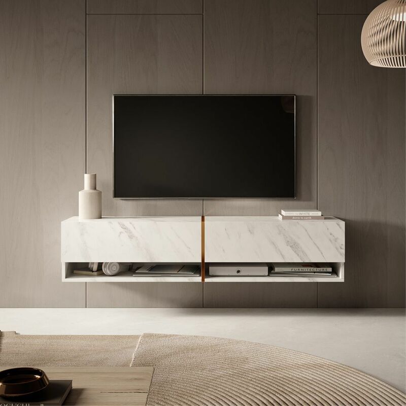 foto del prodotto selsey mirrgo mobile tv 140 cm pannelo laminato colore marmo bianco striscia dorata