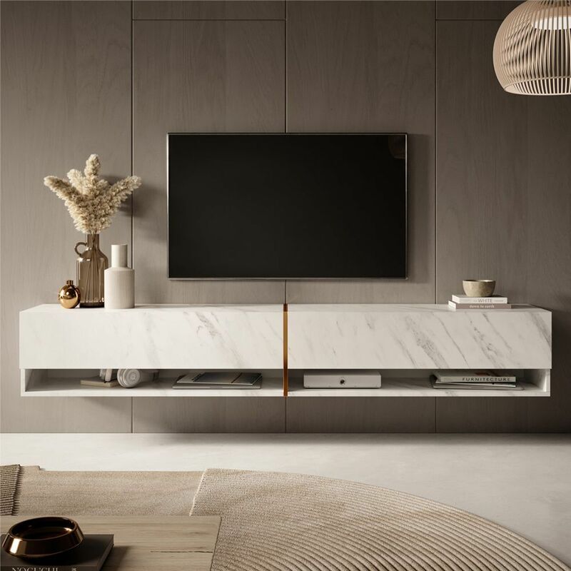 foto del prodotto selsey mirrgo mobile tv 200 cm pannelo laminato colore marmo bianco striscia dorata