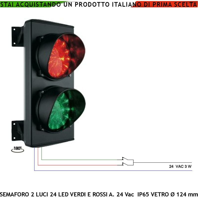 foto del prodotto semaforo 2 luci led schede 24 led rossi e 24 led verdi alimentazione 24 vac 3 w vetri effetto lente 124 mm luce puntiforme corpo alluminio da