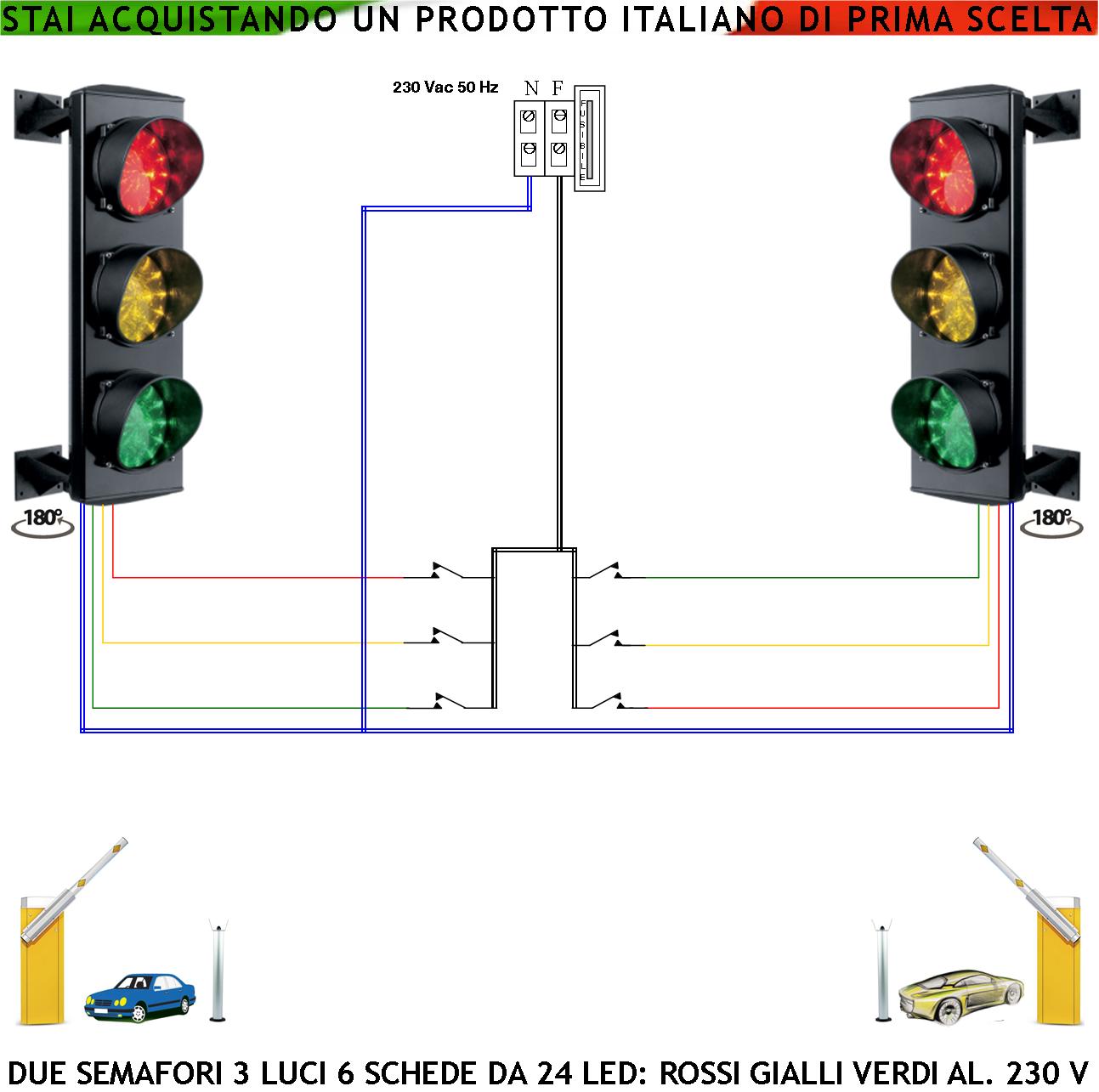 foto del prodotto semaforo 3 luci led 3 schede da 24 led rossi 24 led gialli 24 led verdi alimentazione 230 v 50 hz 3 w ce ip65 semafori funzione manuale da presidio regola ingresso uscita veicoli dal parcheggio garage