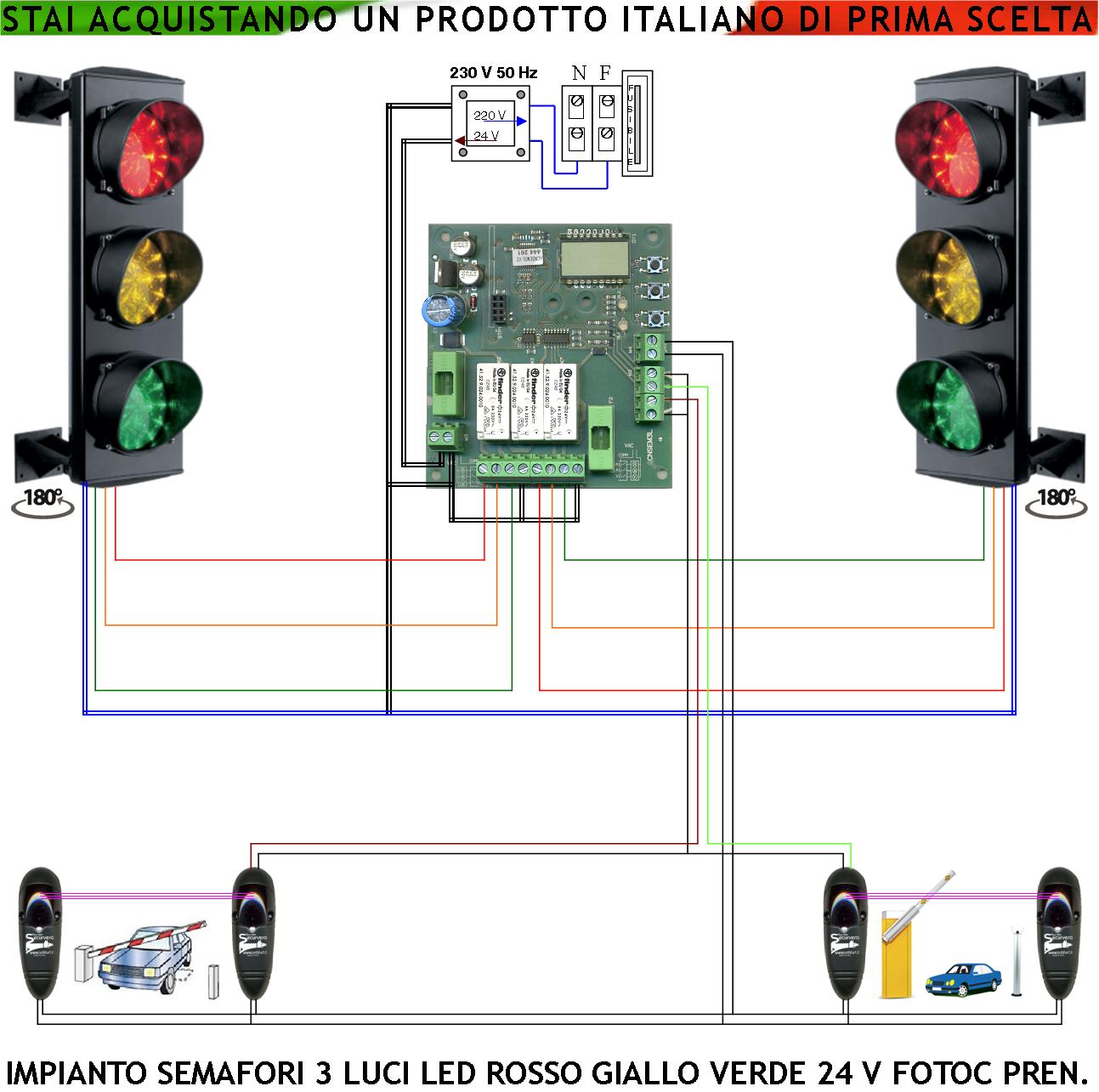 foto del prodotto semaforo condominio 3 luci 3 schede da 24 led rossi 24 led gialli 24 led verdi 24 v ip65 centrale 220/24 v 50 hz con funzioni controllate da 2 coppie di fotocellule tempi regolabili da 3 a 240 sec. prelazione ingresso uscita veicoli garage