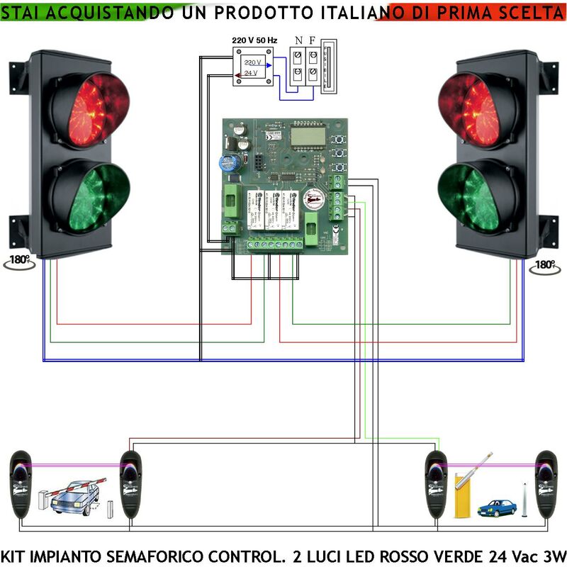 foto del prodotto semaforo esterno ip65 kit impianto semaforico 24 led rossi e 24 led verdi lente 124 mm aliment. 24 vac 3w ce centrale funzioni gestite da