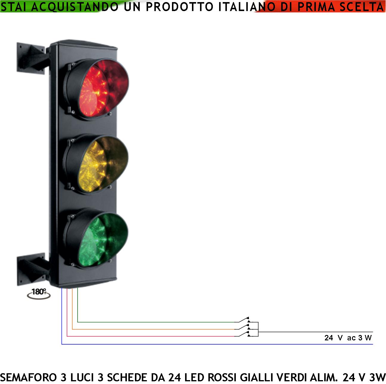 foto del prodotto semaforo garage 3 luci led alta luminosità scheda 24 led rossi 24 led gialli 24 led verdi 24 vac 3 w vetro forma di lente luce puntiforme 124 mm ip65 orientabile 180 impianto semaforico presidiato