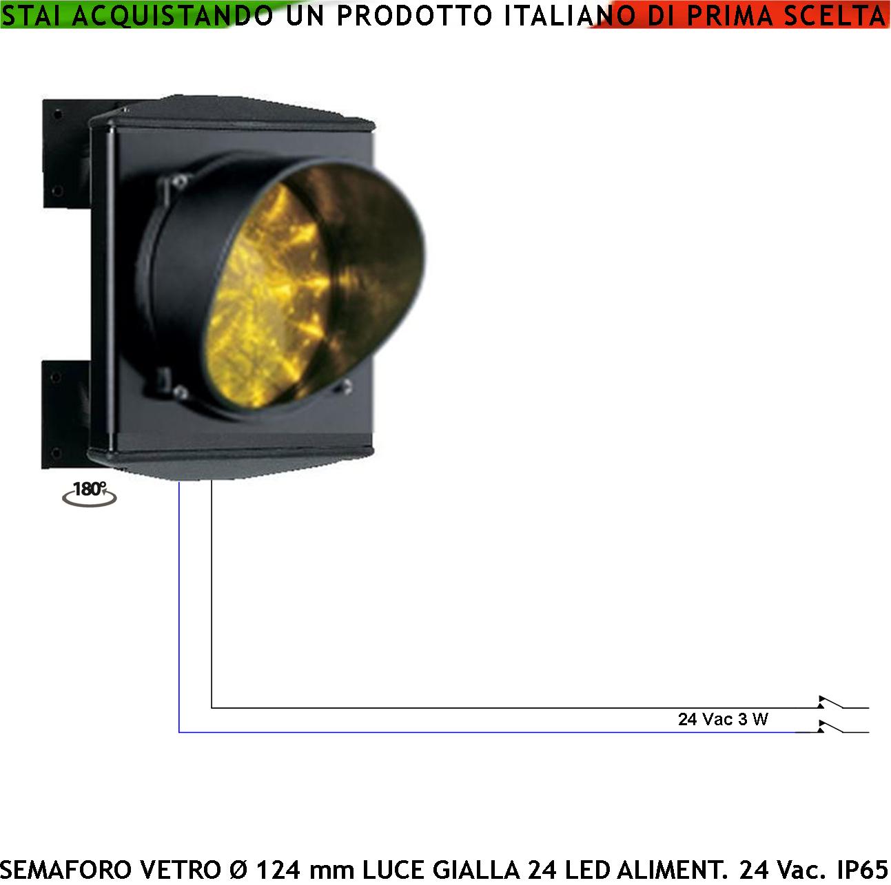 foto del prodotto semaforo luce gialla puntiforme 24 led gialli alimentazione 24 vac 3 w vetro effetto lente 124 mm cover alluminio ip65 supporti di fissaggio abs orientabile 180 comando da presidio per condominio