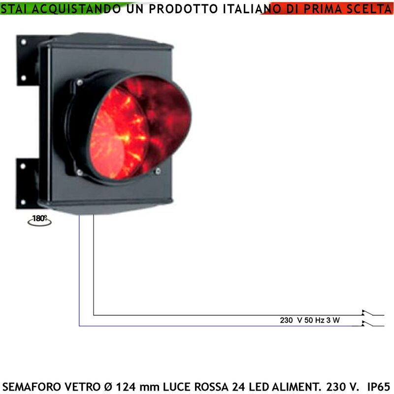 foto del prodotto semaforo luce led scheda 24 led rossi alimentazione 230 v 50 hz 3 w vetro cerchi concentrici effetto lente luce puntiforme 124 mm ip65 orientabile
